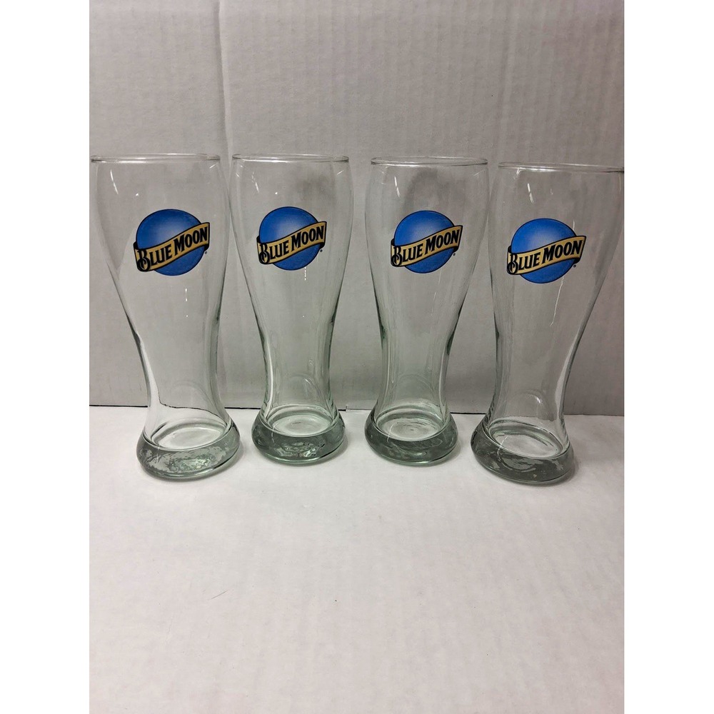 Blue Moon Set of 4 Clear Logo Beer Glasses Curved Inward 9in Glassware